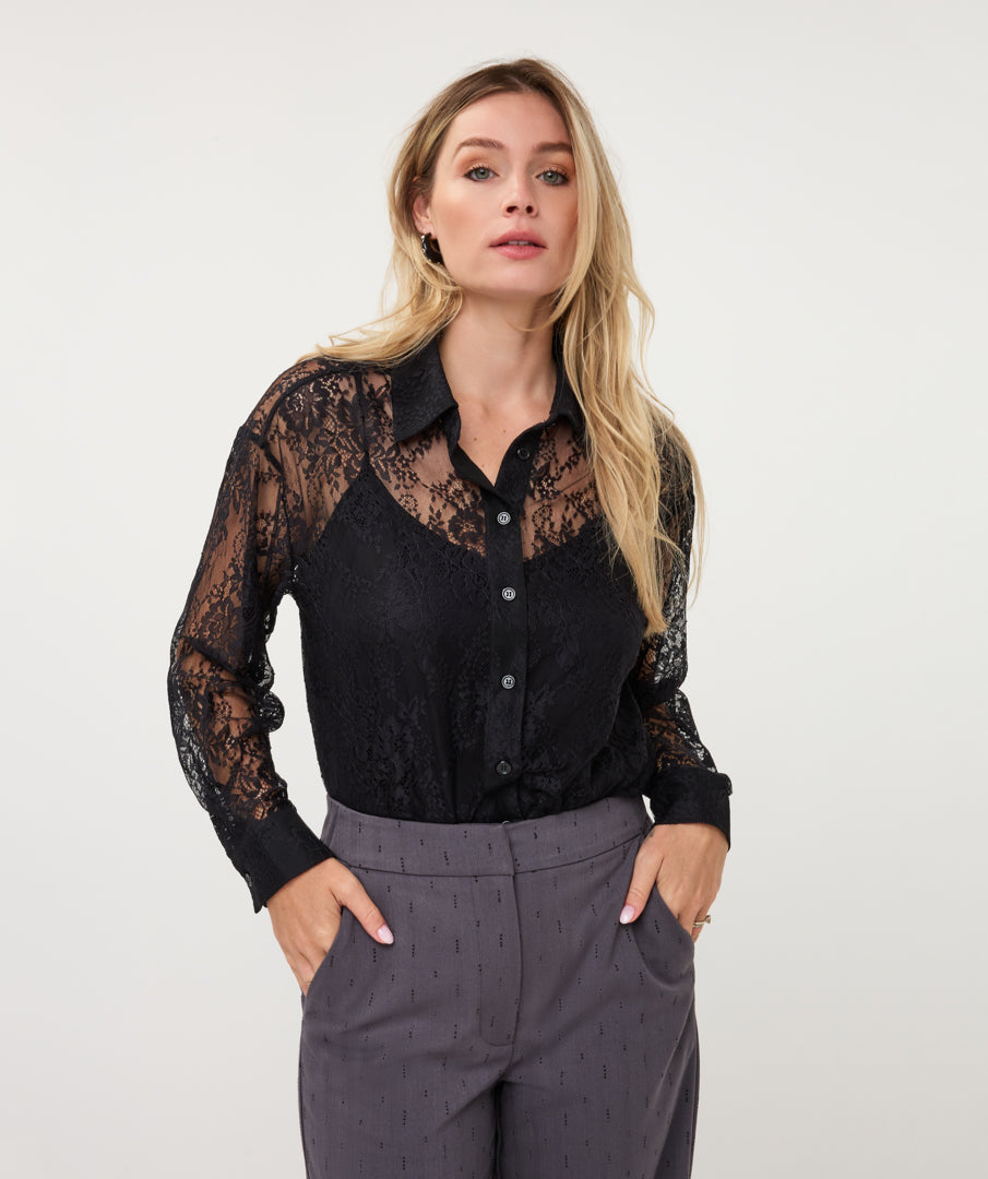 ESQUALO LACE BLOUSE WITH ATTACHED CAMI - BLACK - Vi-Leen's Fashions