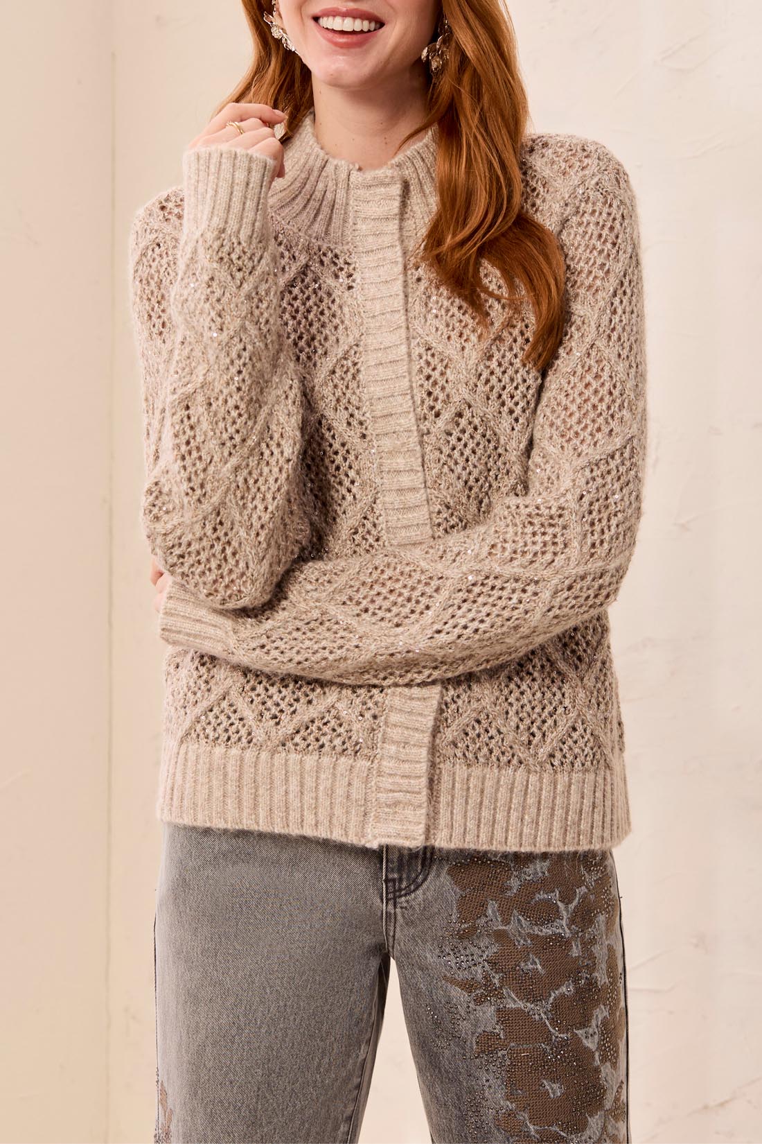 TRIBAL MOCK NECK SWEATER CARDIGAN - BIRCH