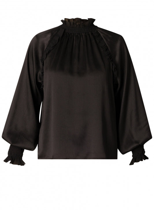 YEST PALMA RUFFLED NECKLINE TOP - BLACK