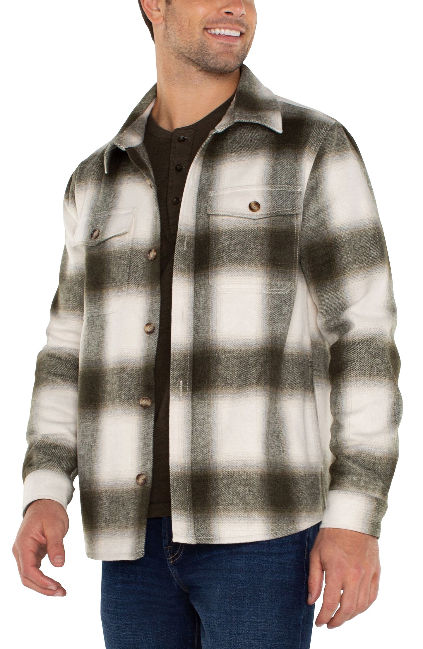 LIVERPOOL MENS SHIRT JACKET - IVORY/OLIVE - Vi-Leen's Fashions