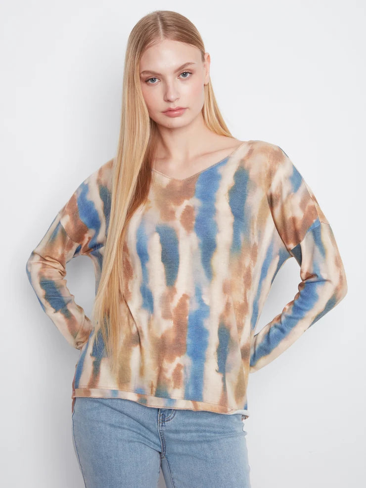 CHARLIE B PRINTED LONG SLEEVE V-NECK TOP - PAINT