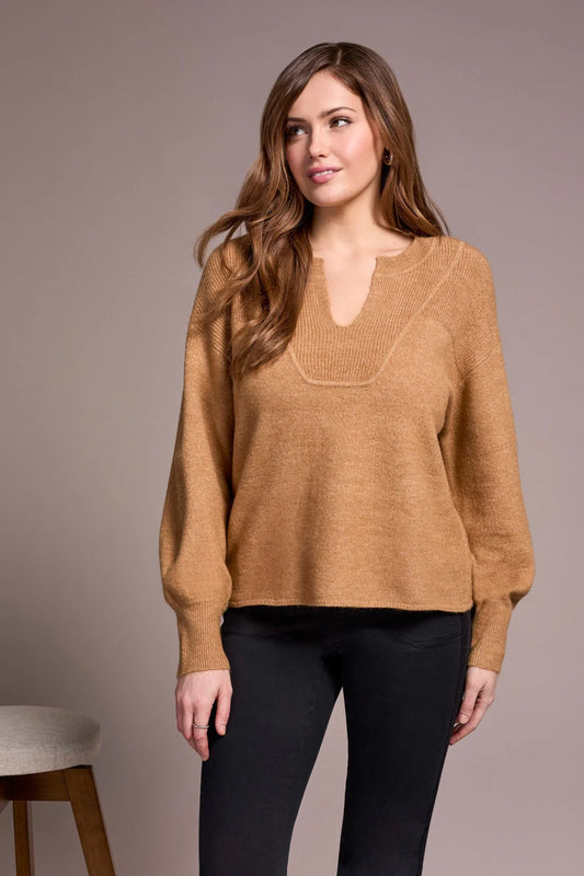 TRIBAL NOTCH NECKLINE SWEATER - ICE LATTE