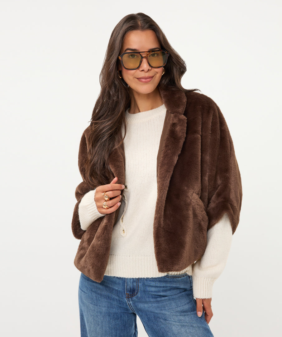 ESQUALO PONCHO FAUX FUR - COFFEE - Vi-Leen's Fashions