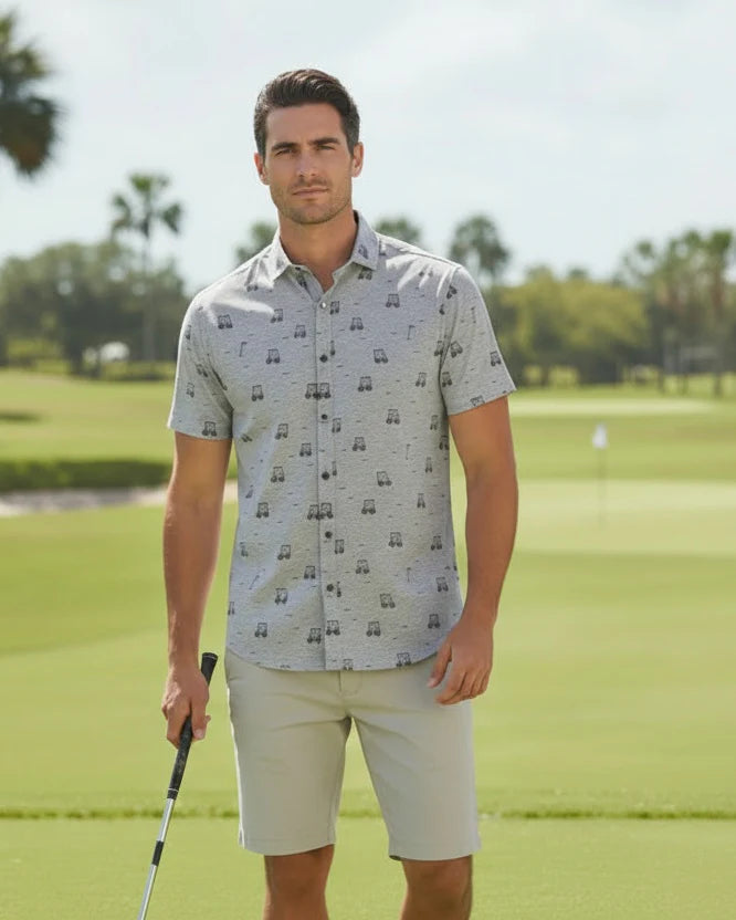 MEN'S POINT ZERO POLY/COTTON GOLF PRINT TUCK OUT SHIRT - GREY