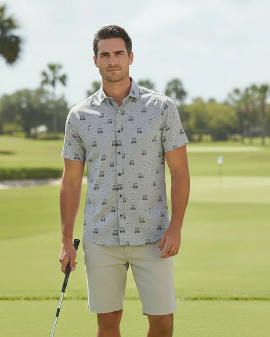 MEN'S POINT ZERO POLY/COTTON GOLF PRINT TUCK OUT SHIRT - GREY