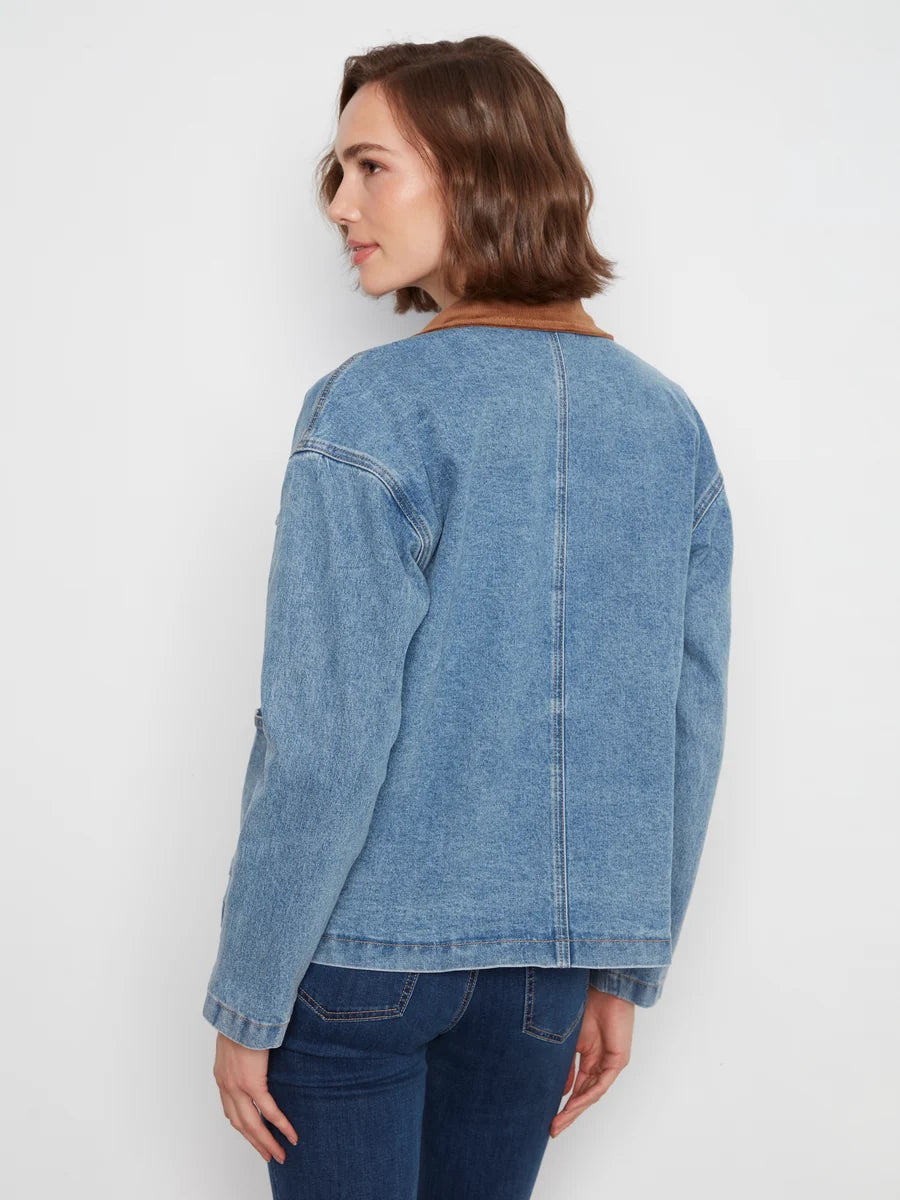 CHARLIE B DENIM BARN JACKET WITH CONTRAST COLLAR - DENIM BLUE - Vi-Leen's Fashions