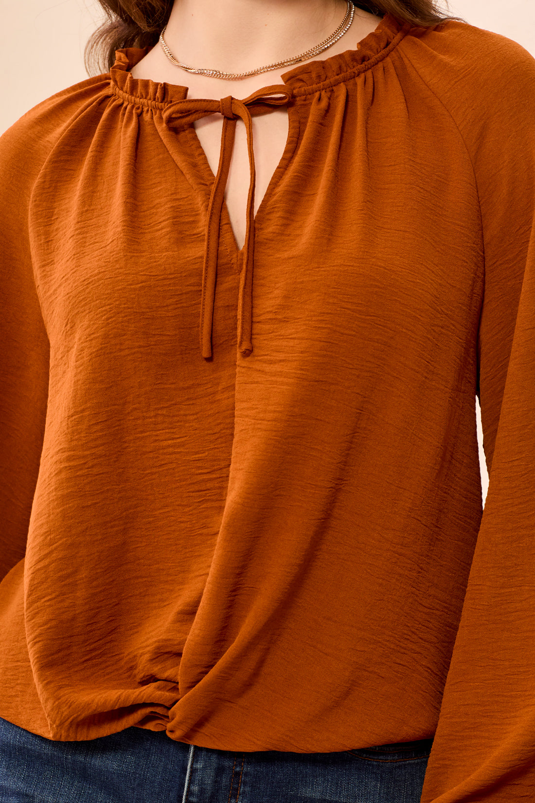 TRIBAL RAGLAN SLEEVE BLOUSE WITH FRONT KNOT - RUST