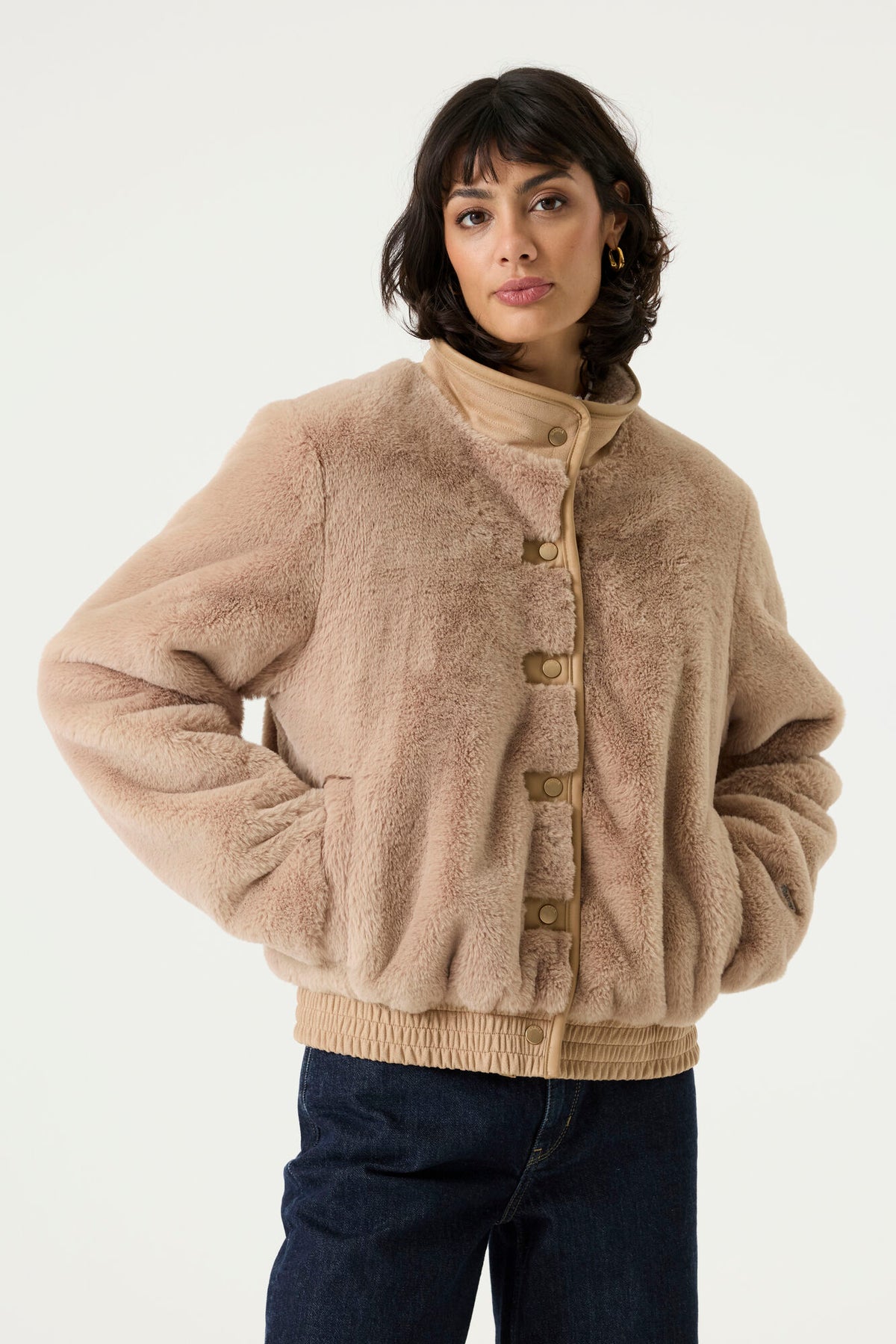 GARCIA FAUX FUR BOMBER JACKET - LIGHT CAMEL - Vi-Leen's Fashions