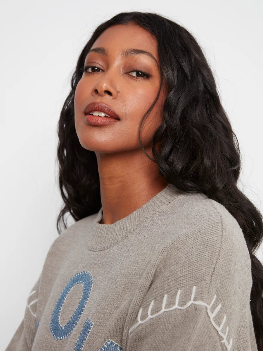 CHARLIE B DROP SHOULDER SWEATER WITH DENIM PATCH - GREY
