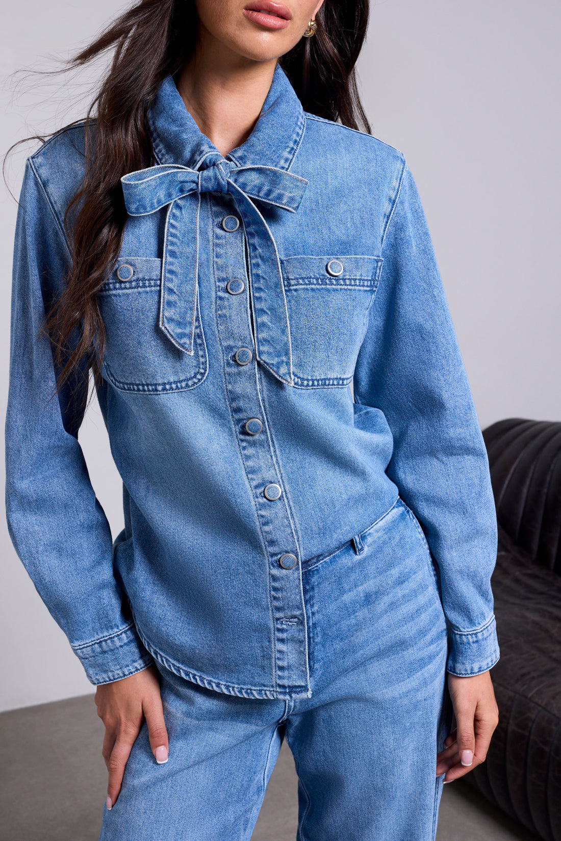 TRIBAL DENIM BLOUSE WITH REMOVABLE TIE