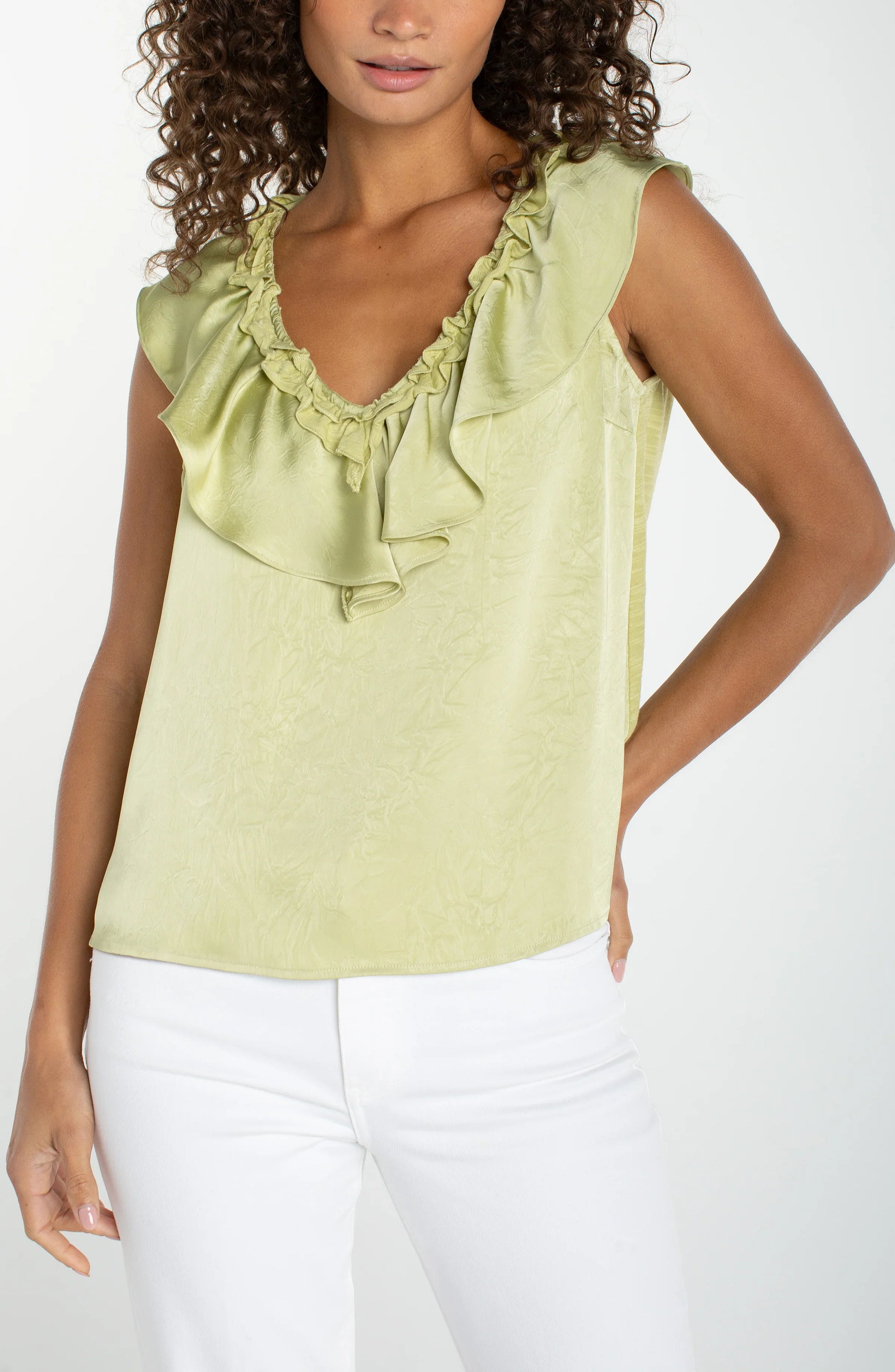 LIVERPOOL RUFFLE FRONT SLEEVELESS TOP - LIME CREMA - Vi-Leen's Fashions
