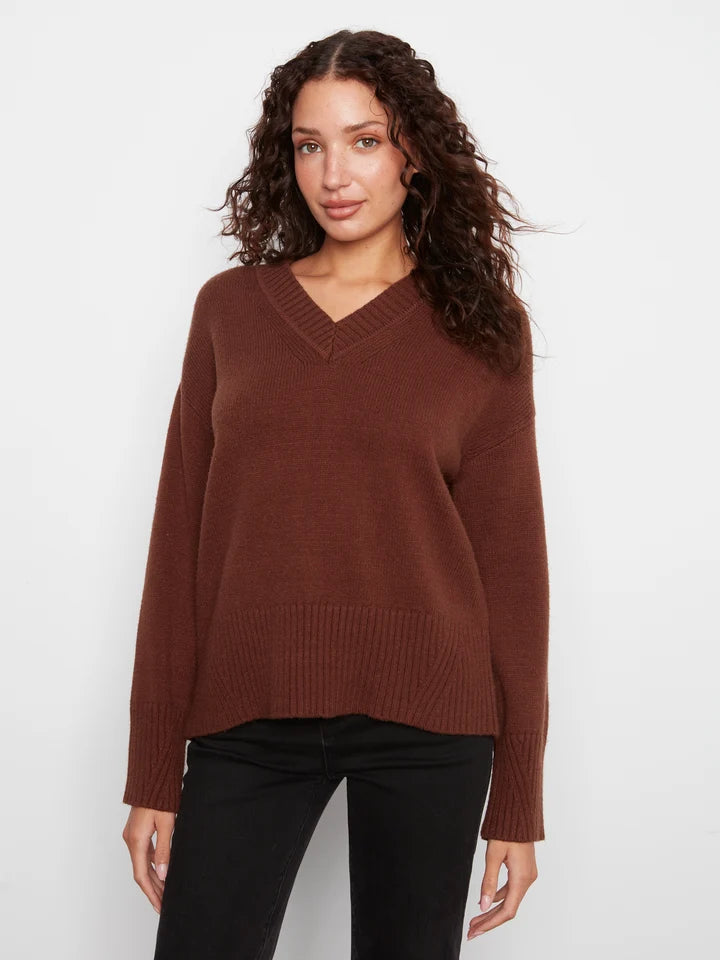 CHARLIE B DROP SHOULDER V-NECK SWEATER - HEATHER BROWN