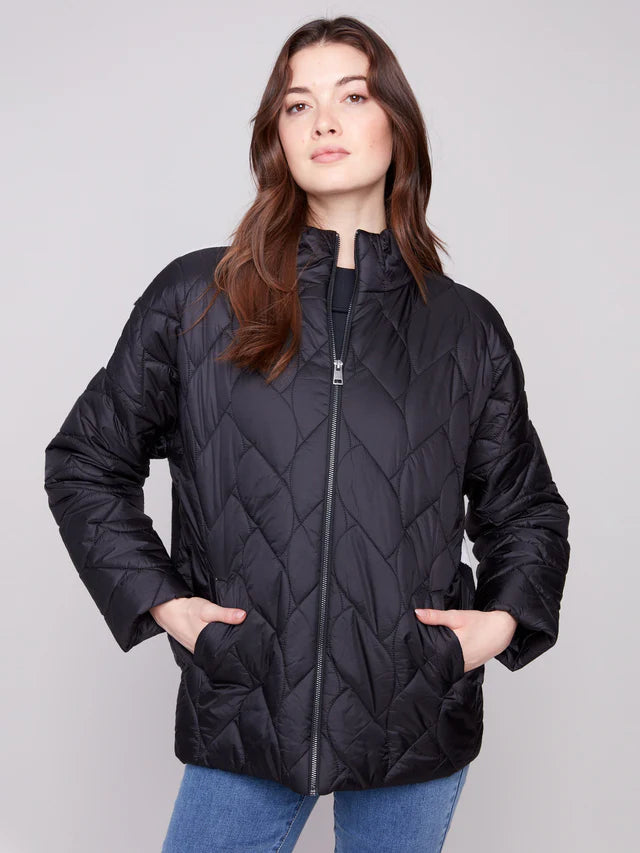 CHARLIE B QUILTED JACKET WITH JACQUARD KNIT BACK - BLACK