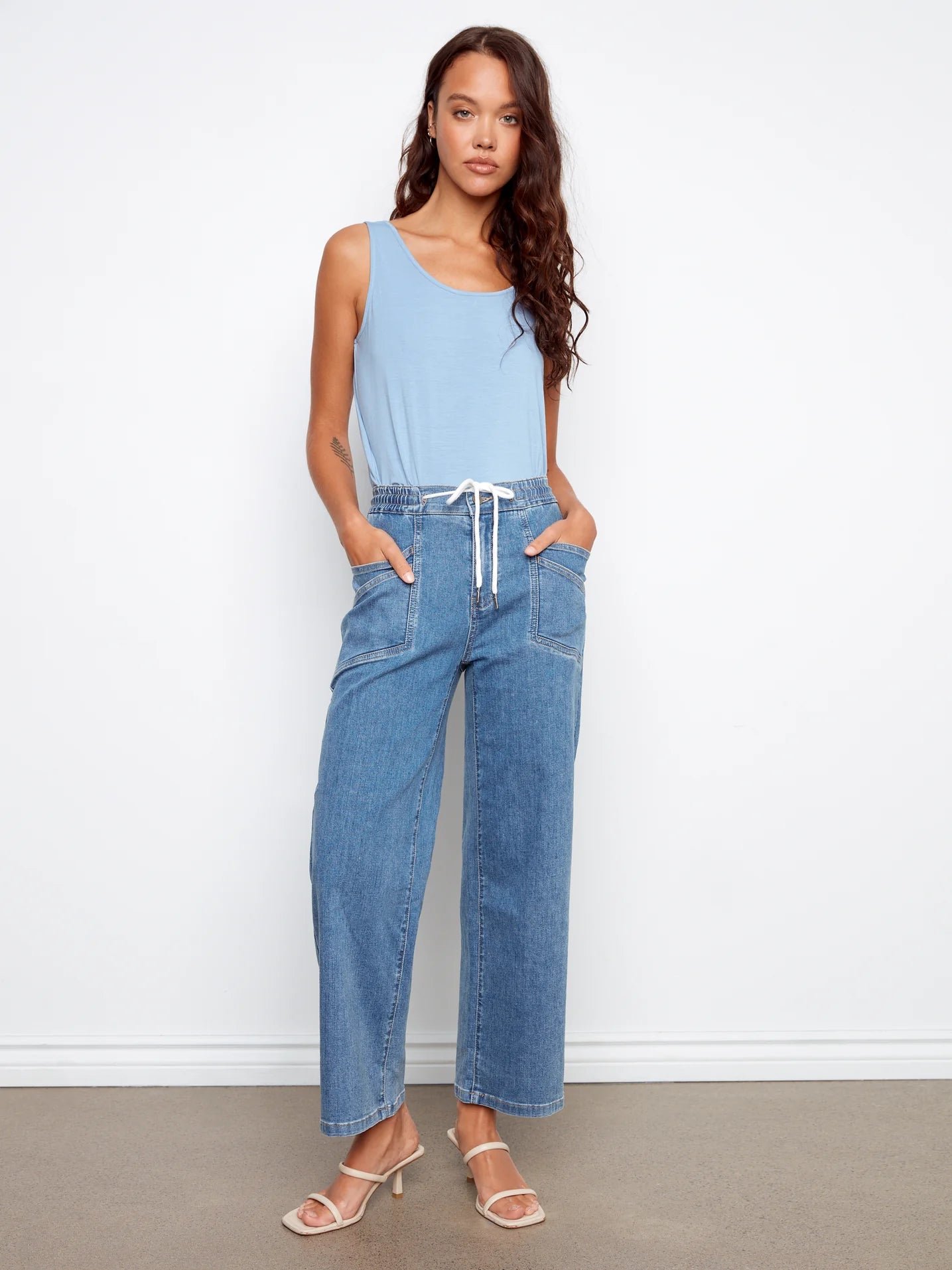 CHARLIE B WIDE LEG DENIM WITH DRAWSTRING WAIST - VINTAGE BLUE - Vi-Leen's Fashions