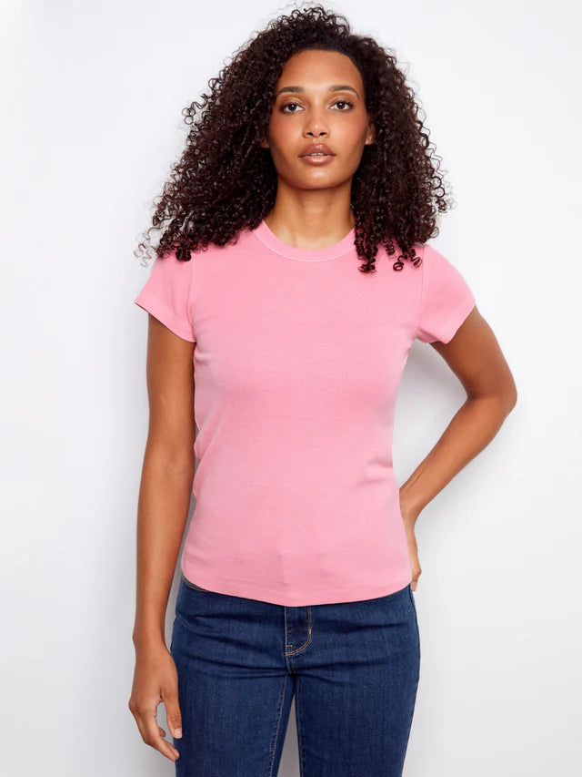 CHARLIE B TENCEL RIBBED CREW NECK T-SHIRT - CANDY - Vi-Leen's Fashions