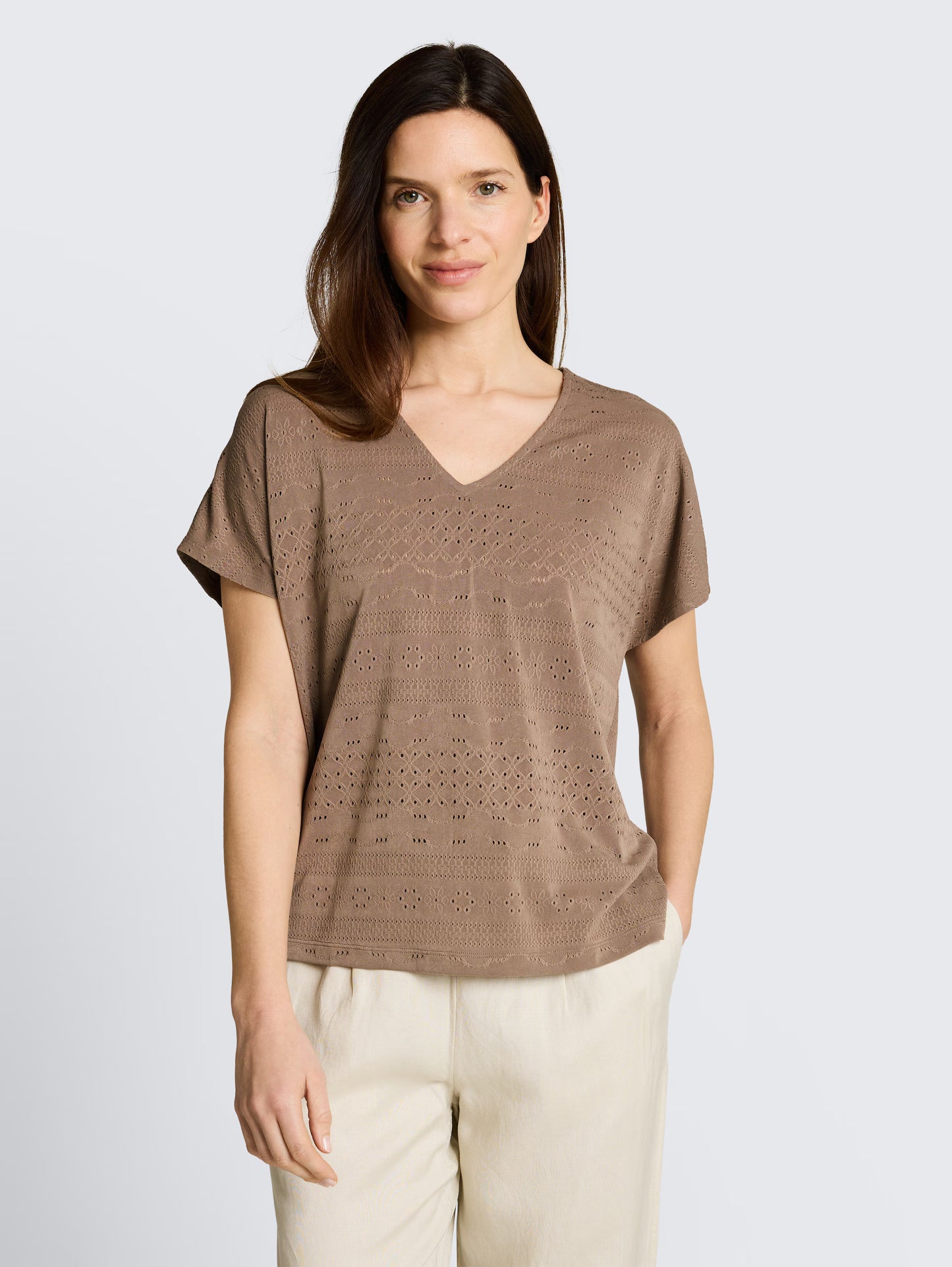 TOM TAILOR EYELET T-SHIRT - TAUPE - Vi-Leen's Fashions