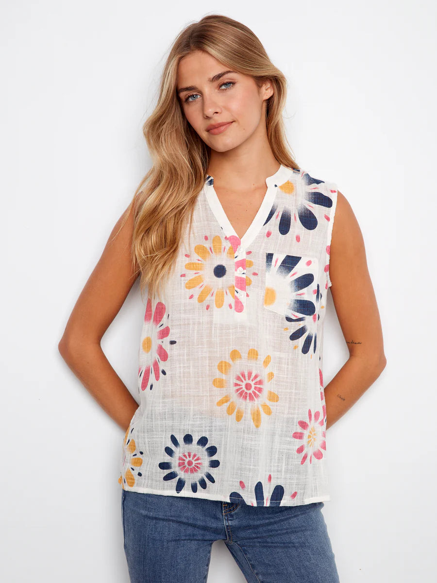 CHARLIE B COTTON GAUZE SLEEVELESS BLOUSE - DAISIES - Vi-Leen's Fashions