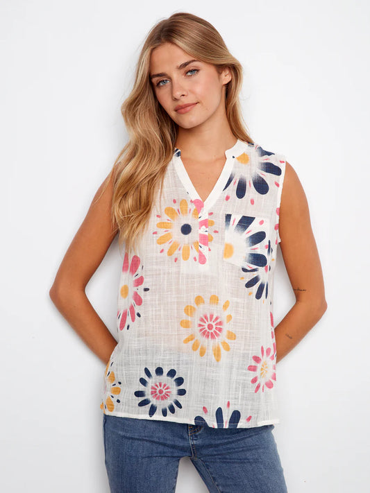 CHARLIE B COTTON GAUZE SLEEVELESS BLOUSE - DAISIES - Vi-Leen's Fashions