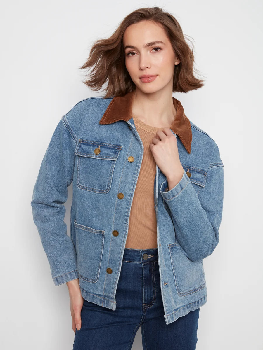 CHARLIE B DENIM BARN JACKET WITH CONTRAST COLLAR - DENIM BLUE - Vi-Leen's Fashions