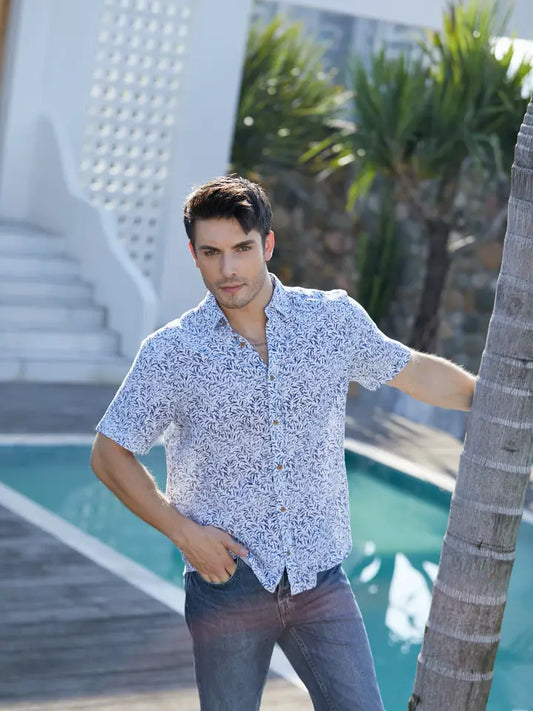 MEN'S BIARRITZ PRINTED COTTON SHIRT - BLUE/WHITE