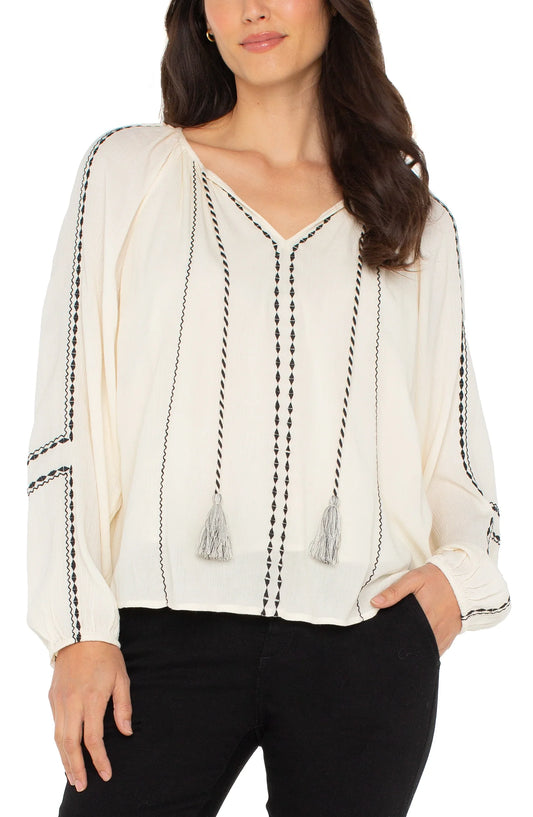 LIVERPOOL BLOUSE WITH EMBROIDERY AND TASSLE TIE - CREAM/BLACK