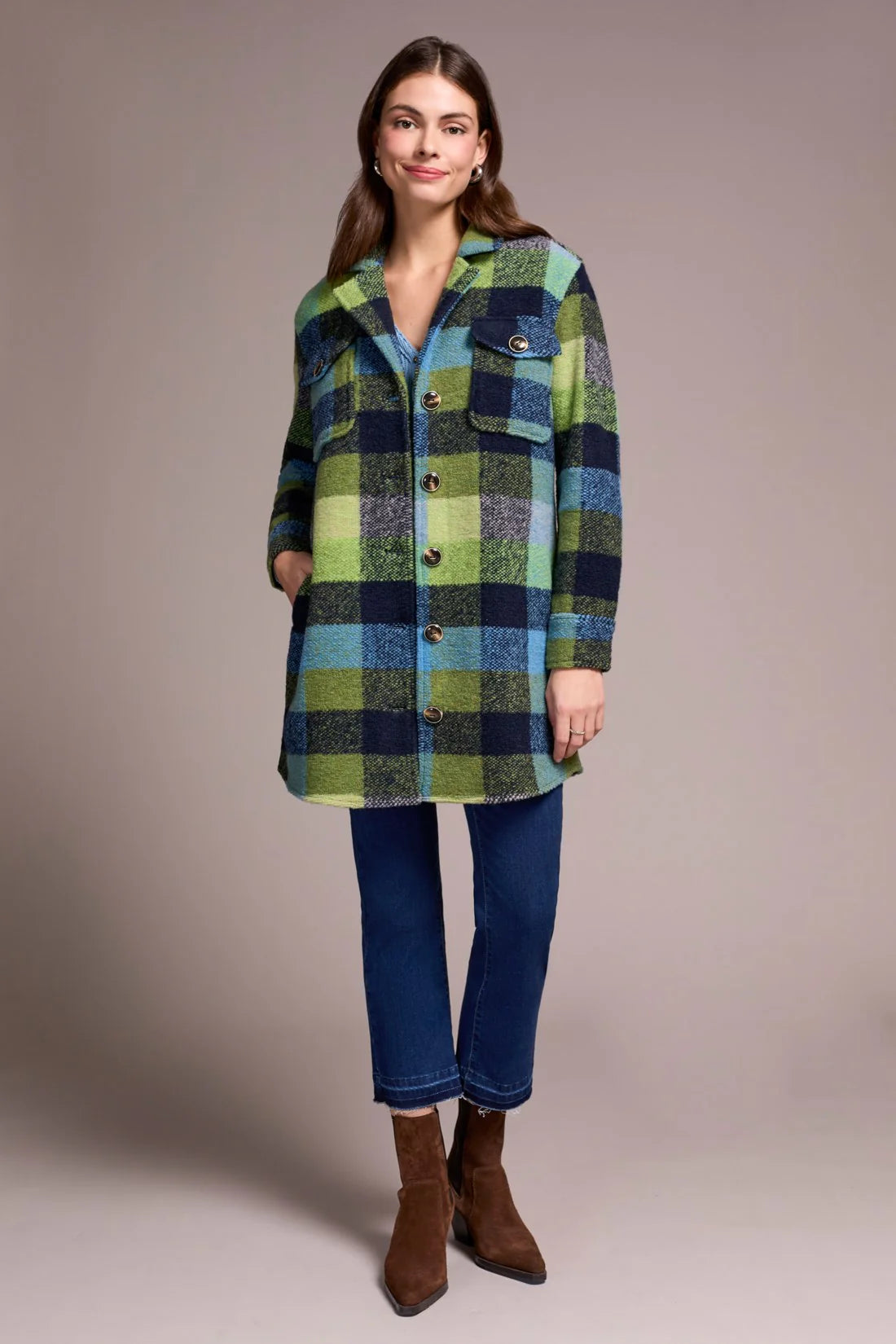 TRIBAL PLAID NOTCH COLLAR SHACKET - NIGHT FALL