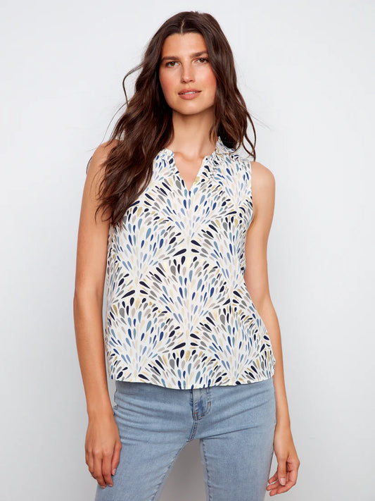 CHARLIE B SLEEVELESS BLOUSE WITH RUFFLE NECKLINE - Vi-Leen's Fashions