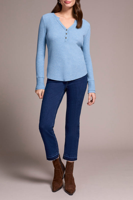 TRIBAL LONG SLEEVE HENLEY TOP - DENIM BLUE