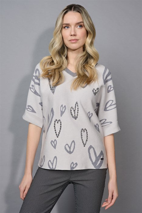 PICADILLY STONE EMBELLISHED HEART PULLOVER - LIGHT GREY
