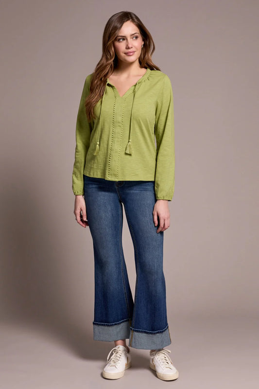TRIBAL SPLIT NECK BLOUSE WITH TASSLE - WASABI