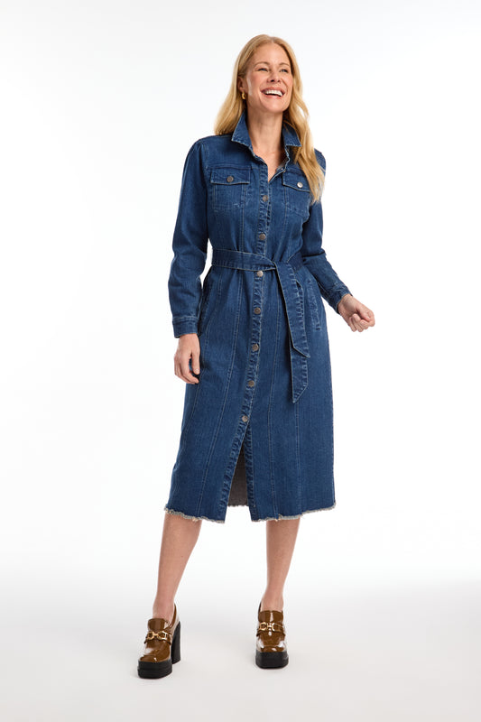 FDJ DENIM DUSTER/MIDI DRESS WITH BELT - MED WASH - Vi-Leen's Fashions
