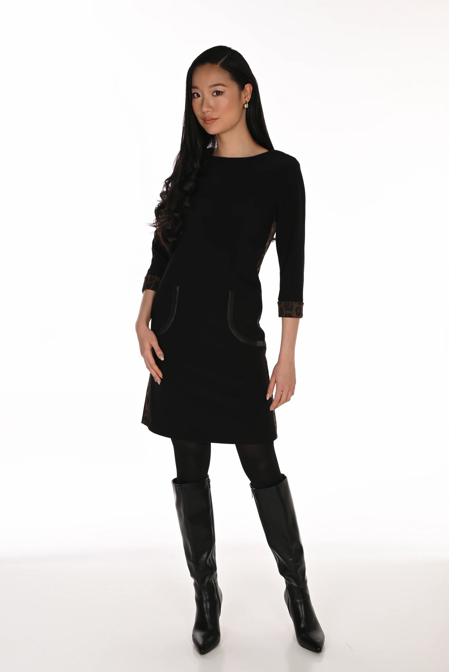 FRANK LYMAN BLACK DRESS WITH LEOPARD PRINT TRIM