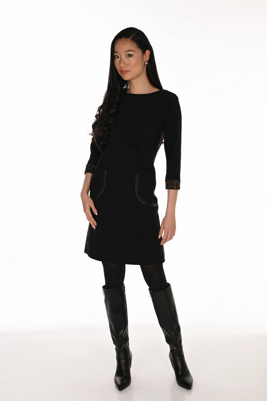 FRANK LYMAN BLACK DRESS WITH LEOPARD PRINT TRIM