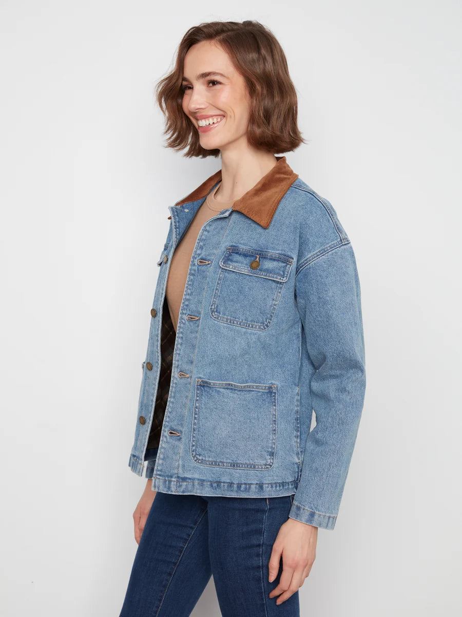 CHARLIE B DENIM BARN JACKET WITH CONTRAST COLLAR - DENIM BLUE - Vi-Leen's Fashions