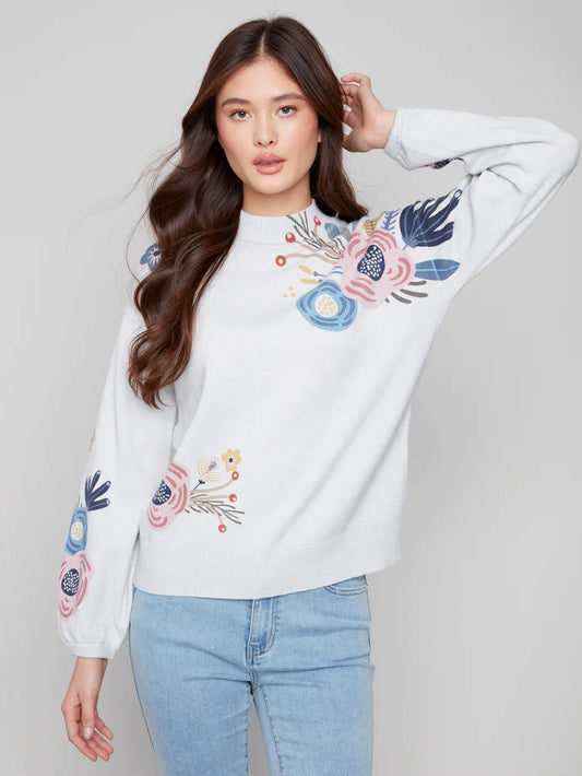 CHARLIE B MOCK NECK SWEATER WITH PLACED PRINT - LIGHT GREY