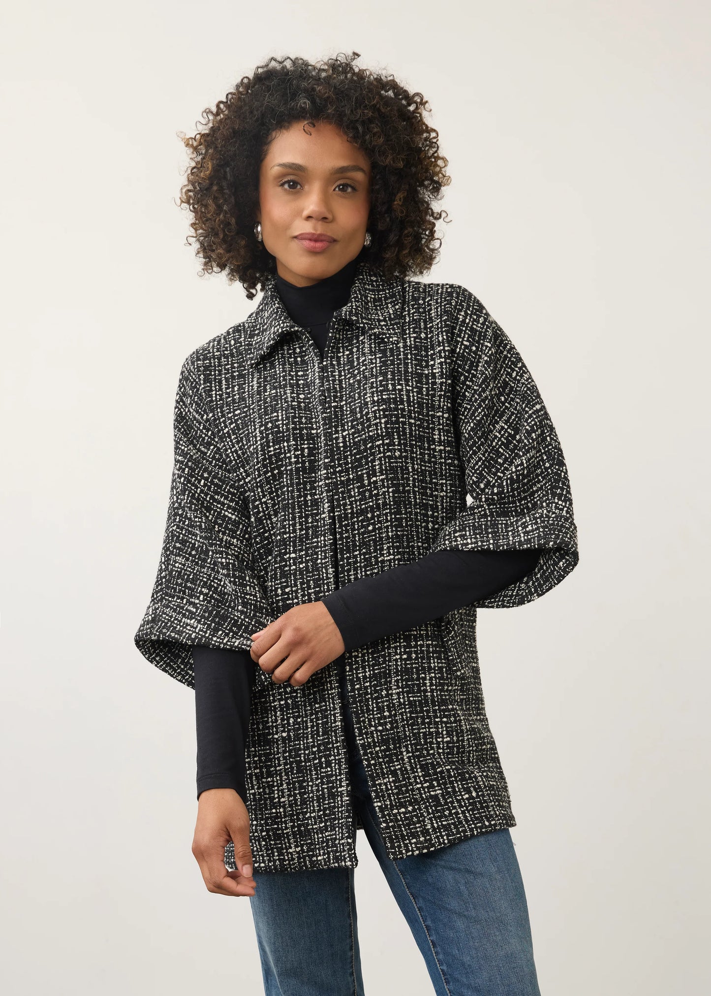 FDJ TWEED PONCHO JACKET - BLACK/IVORY