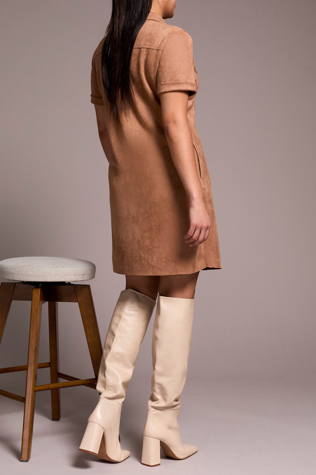 TRIBAL SHORT SLEEVE SUEDE DRESS - ALMOND LATTE