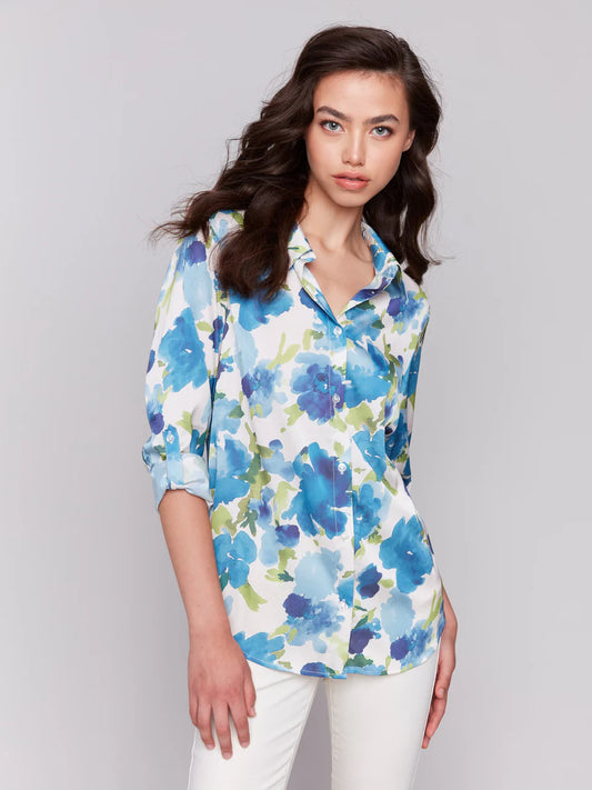 CHARLIE B PRINTED ROLL UP SLEEVE TAB BLOUSE - LIME