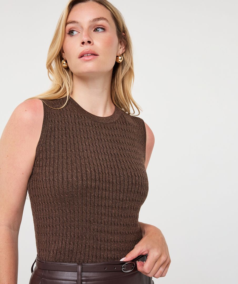 ESQUALO CABLE KNIT SLEEVELESS TOP - CACAO