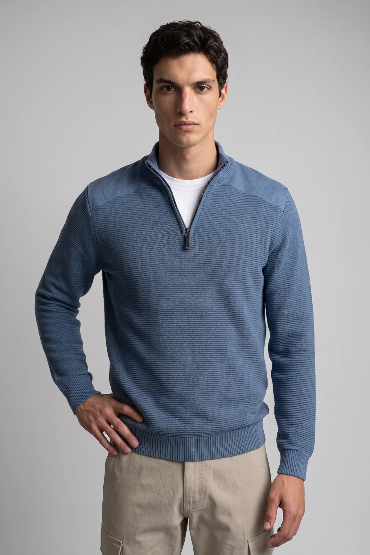MEN'S POINT ZERO MOCK ZIP SWEATER WITH POLAR FEEL LINING - NAVAL MELANGE - Vi-Leen's Fashions