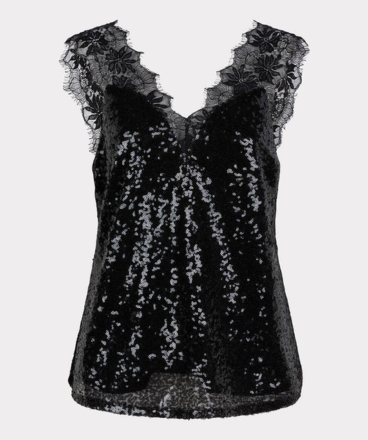 ESQUALO SEQUINS TOP WITH LACE STRAPS - BLACK - Vi-Leen's Fashions