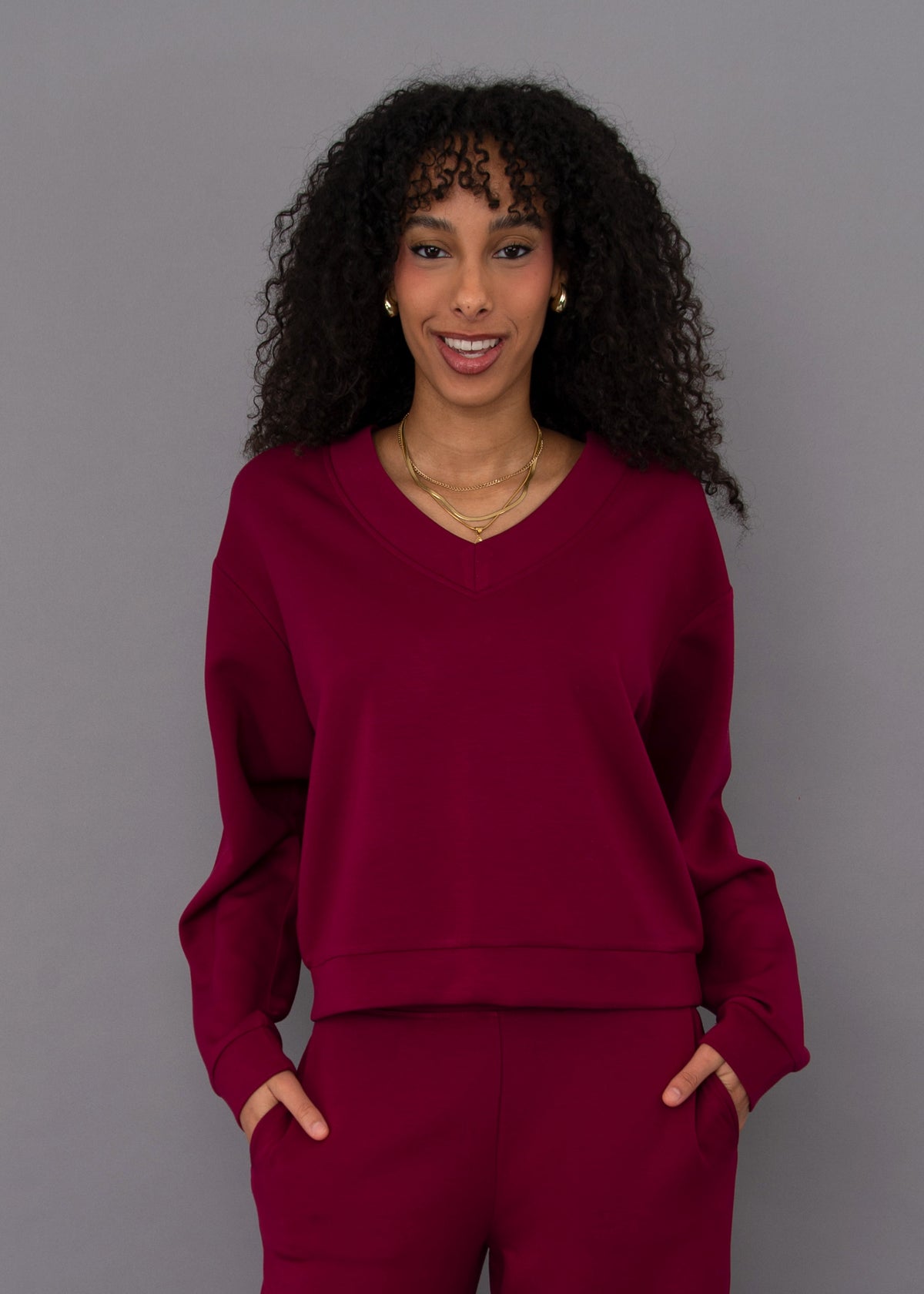 RD STYLE VY SOFT KNIT V-NECK PULLOVER - CRANBERRY - Vi-Leen's Fashions
