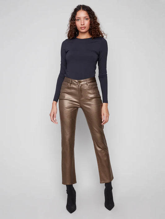 CHARLIE B SLIM LEG METALLIC WAX PANT - COPPER
