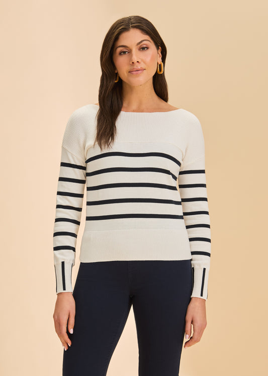 FDJ LONG SLEEVE STRIPE SWEATER - WHITE/NAVY - Vi-Leen's Fashions
