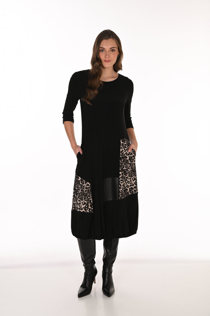 FRANK LYMAN  ANIMAL PRINT MIDI DRESS - BLACK