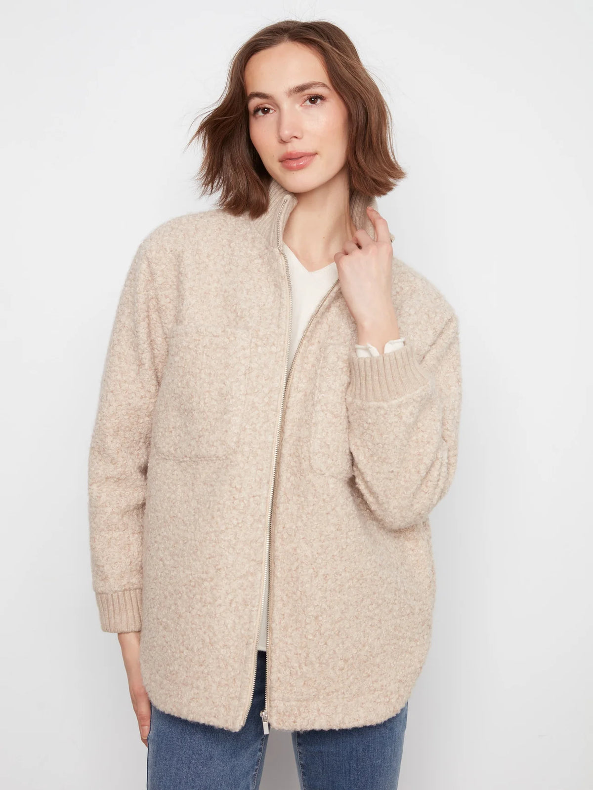 CHARLIE B BOUCLE JACKET - ALMOND - Vi-Leen's Fashions