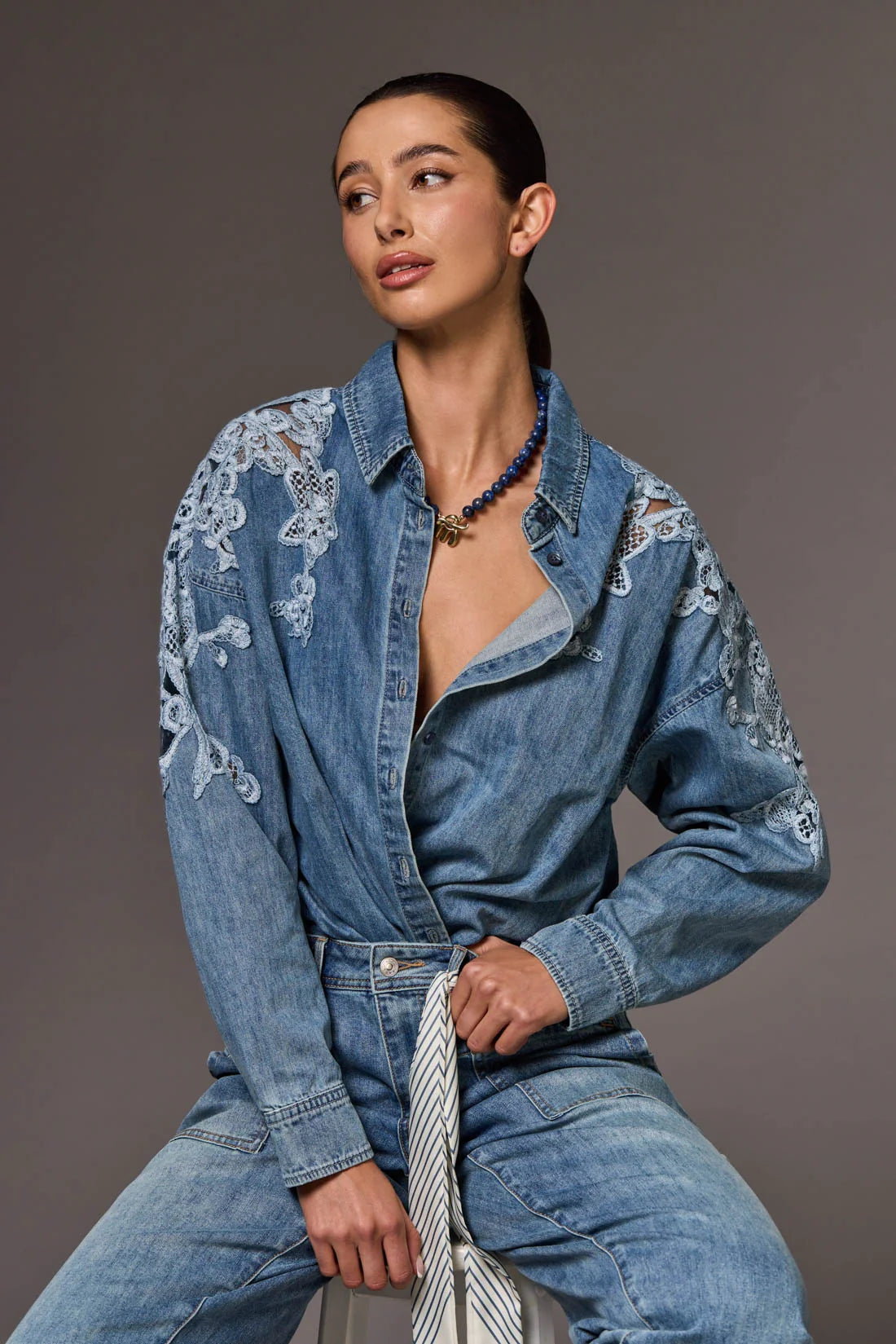 TRIBAL DENIM SHIRT WITH LACE INSERT