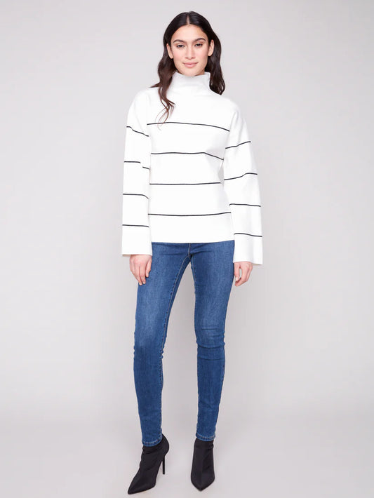 CHARLIE B YARN DYED STRIPED FUNNEL NECK SWEATER - ECRU