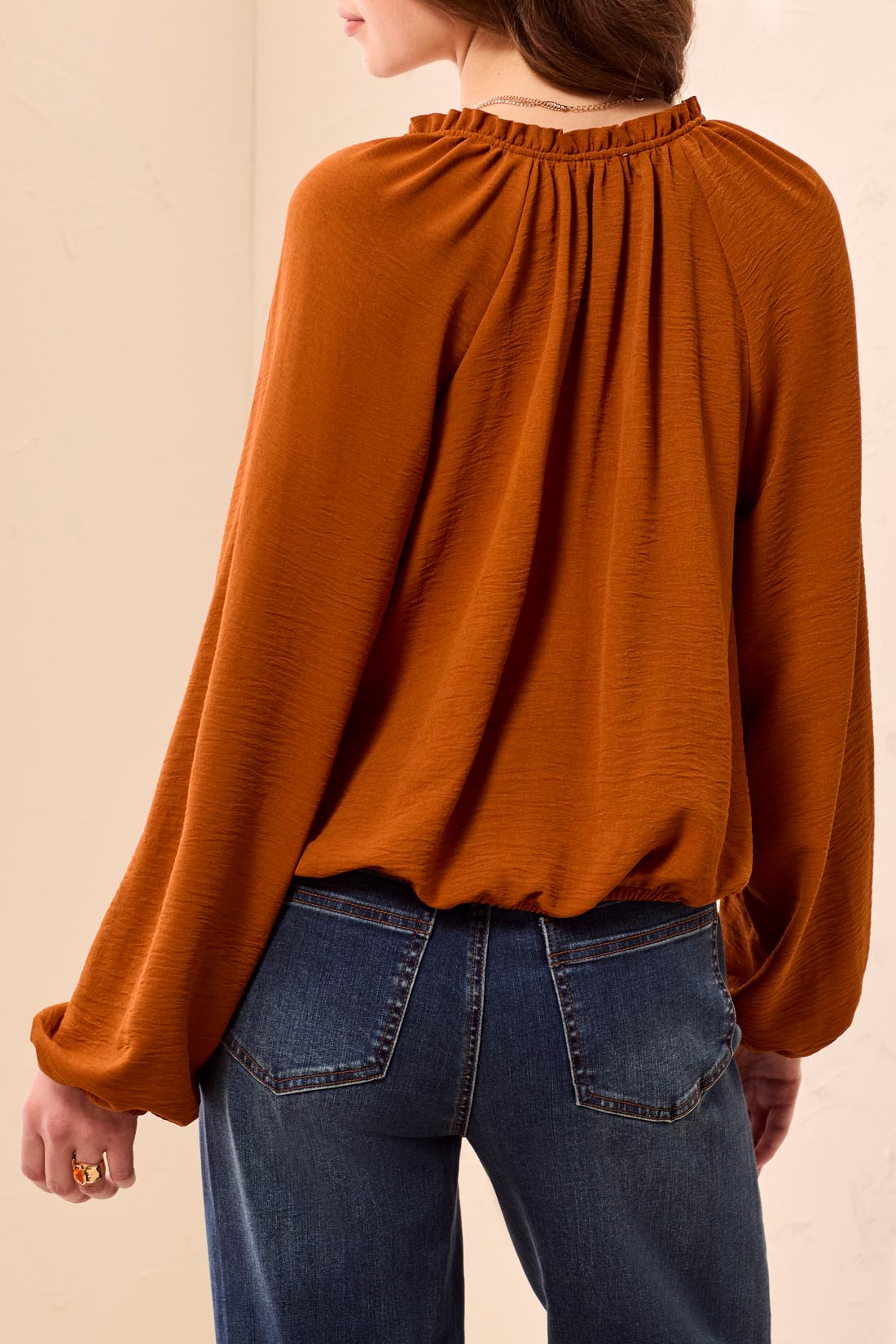 TRIBAL RAGLAN SLEEVE BLOUSE WITH FRONT KNOT - RUST
