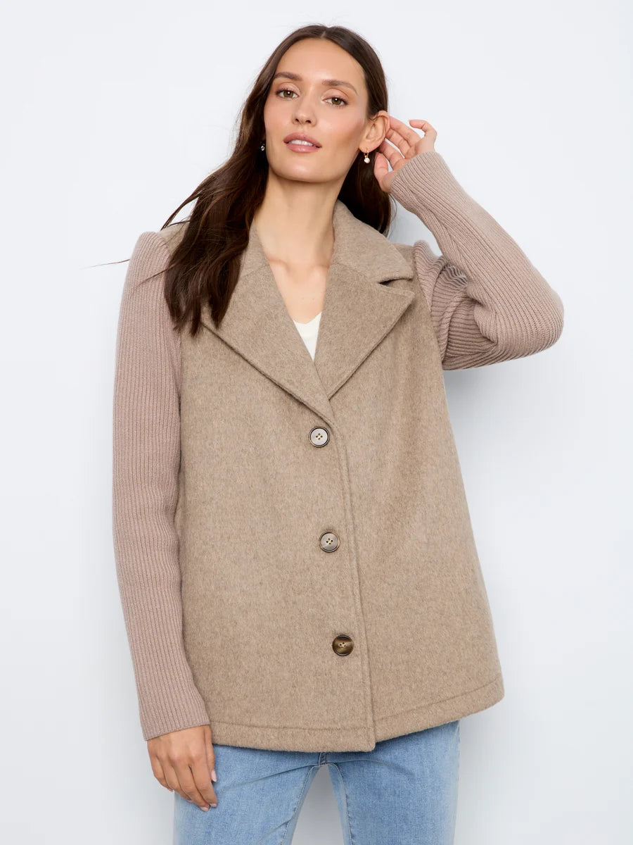 CHARLIE B JACKET WITH RIB SLEEVE - HEATHER TAUPE